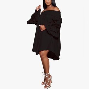 Off-the-Shoulder Black Ruffle Sleeve Dress